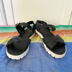 Kelsi Dagger Brooklyn Black Leather Sandals with White Chunky Tread, size 7.5